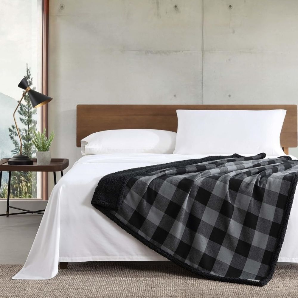 Eddie Bauer Throw Blanket Soft & Plush Black Sherpa with Black and Gray Plaid